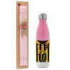 Easter Set, Metallic pink/white (Stainless steel) thermos, double-walled, 500ml & aromatic flat Easter candle (30cm) (PINK)