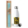 Easter Set, metallic stainless steel water bottle (750ml) & aromatic flat Easter candle (30cm) (TURQUOISE)
