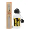 Easter Set, metallic aluminum water bottle (500ml) & aromatic flat Easter candle (30cm) (GRAY)