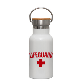 Lifeguard, Μεταλλικό παγούρι θερμός (Stainless steel) Λευκό με ξύλινο καπακι (bamboo), διπλού τοιχώματος, 350ml