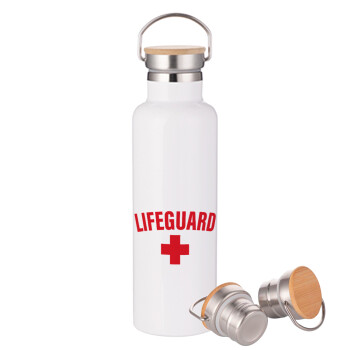 Lifeguard, Μεταλλικό παγούρι θερμός (Stainless steel) Λευκό με ξύλινο καπακι (bamboo), διπλού τοιχώματος, 750ml