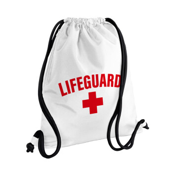 Lifeguard, Τσάντα πλάτης πουγκί GYMBAG λευκή, με τσέπη (40x48cm) & χονδρά κορδόνια