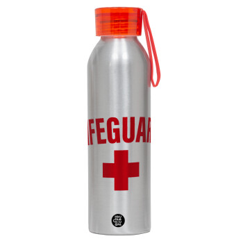 Lifeguard, Aluminum Sports Bottle 650ml – Silver with Red Cap and Silicone Strap