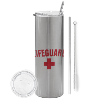 Lifeguard, Eco friendly ποτήρι θερμό Ασημένιο (tumbler) από ανοξείδωτο ατσάλι 600ml, με μεταλλικό καλαμάκι & βούρτσα καθαρισμού