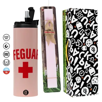Lifeguard, Πασχαλινή Λαμπάδα με  ΡΟΖ Travel Tumbler θερμό (600ml, BPA free) & κερί αρωματικό πλακέ (30cm) (ΡΟΖ)