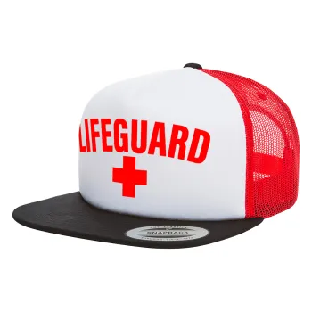 Lifeguard, Adult Foam Flat Snapback with Mesh Black-White-Red (POLYESTER, ADULT, UNISEX, ONE SIZE)