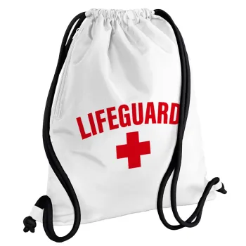 Lifeguard, Backpack pouch GYMBAG white, with pocket (40x48cm) & thick cords