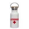 Metallic thermos (Stainless steel) White with wooden lid (bamboo), double-walled, 350ml