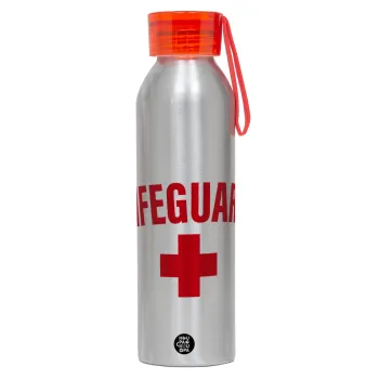 Lifeguard, Αλουμινένιο Αθλητικό Μπουκάλι 650ml – Ασημί με Κόκκινο Καπάκι και Λουράκι Σιλικόνης