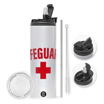 Lifeguard, Travel Tumbler 2 Lids, with metal straw & cleaning brush (Stainless steel 304 Food grade, BPA free, 600ml)
