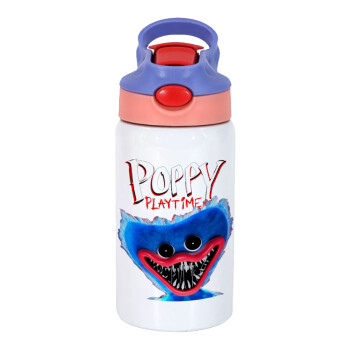 Poppy Playtime Huggy wuggy, Παιδικό παγούρι θερμό, ανοξείδωτο, με καλαμάκι ασφαλείας, ροζ/μωβ (350ml)