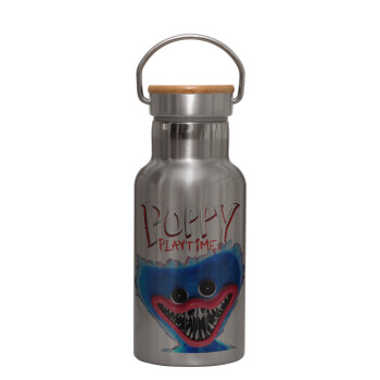 Poppy Playtime Huggy wuggy, Stainless steel metallic thermos flask, silver with a bamboo lid, double-walled, 350ml.