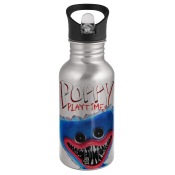 Poppy Playtime Huggy wuggy, Water bottle Silver with straw, stainless steel 500ml