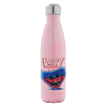 Poppy Playtime Huggy wuggy, Μεταλλικό παγούρι θερμός Ροζ Ιριδίζον (Stainless steel), διπλού τοιχώματος, 500ml