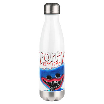 Poppy Playtime Huggy wuggy, Μεταλλικό παγούρι θερμός Λευκό (Stainless steel), διπλού τοιχώματος, 500ml