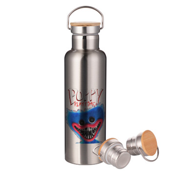Poppy Playtime Huggy wuggy, Stainless steel Silver with wooden lid (bamboo), double wall, 750ml