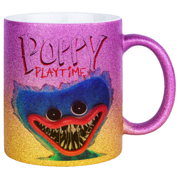 Poppy Playtime Huggy wuggy, Κούπα Χρυσή/Ροζ Glitter, κεραμική, 330ml
