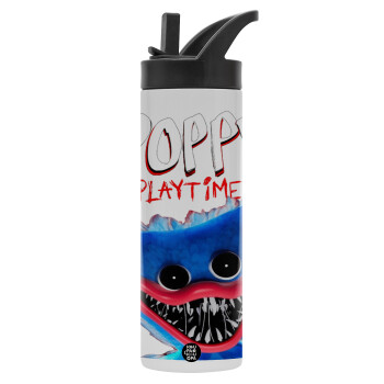 Poppy Playtime Huggy wuggy, Metallic thermos bottle with straw & handle, stainless steel (Stainless steel 304), double-walled, 600ml.