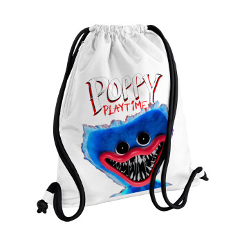 Poppy Playtime Huggy wuggy, Backpack pouch GYMBAG white, with pocket (40x48cm) & thick cords
