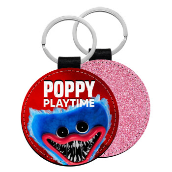 Poppy Playtime Huggy wuggy, Μπρελόκ Δερματίνη, στρογγυλό ΡΟΖ (5cm)