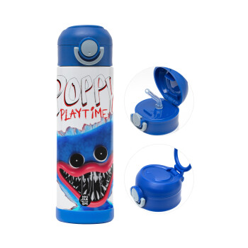 Poppy Playtime Huggy wuggy, Children's hot water bottle, stainless steel, with safety straw, BLUE (500ml)