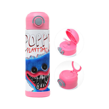 Poppy Playtime Huggy wuggy, Children's hot water bottle, stainless steel, with safety straw, PINK (500ml)