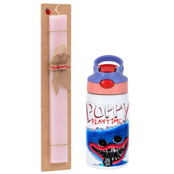 Poppy Playtime Huggy wuggy, Easter Set, Children's thermal stainless steel water bottle with safety straw, pink/purple (350ml) & Easter scented flat candle (30cm) (PINK)