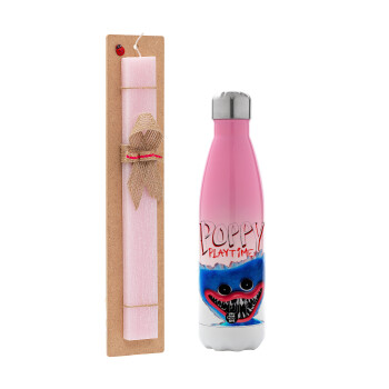 Poppy Playtime Huggy wuggy, Easter Set, Metallic pink/white (Stainless steel) thermos, double-walled, 500ml & aromatic flat Easter candle (30cm) (PINK)