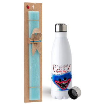 Poppy Playtime Huggy wuggy, Easter Set, metallic stainless steel water bottle (750ml) & aromatic flat Easter candle (30cm) (TURQUOISE)