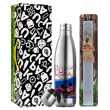 Poppy Playtime Huggy wuggy, Easter Set, metallic stainless thermos flask (500ml) & scented flat Easter candle (30cm) (GRAY)