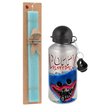 Poppy Playtime Huggy wuggy, Easter Set, metallic silver aluminum water bottle (500ml) & scented flat Easter candle (30cm) (TURQUOISE)