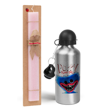 Poppy Playtime Huggy wuggy, Easter Set, metallic Silver aluminum water bottle (500ml) & scented flat Easter candle (30cm) (PINK)