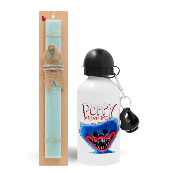 Poppy Playtime Huggy wuggy, Easter Set, metallic aluminum water bottle (500ml) & scented flat candle (30cm) (TURQUOISE)