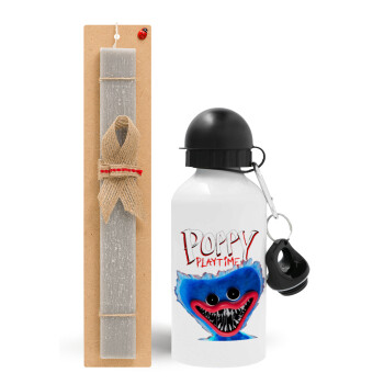 Poppy Playtime Huggy wuggy, Easter Set, metallic aluminum water bottle (500ml) & aromatic flat Easter candle (30cm) (GRAY)