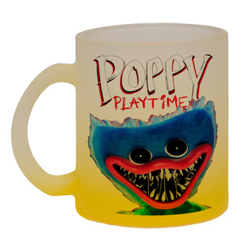 Poppy Playtime Huggy wuggy, Κούπα γυάλινη δίχρωμη με βάση το κίτρινο ματ, 330ml