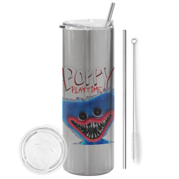 Poppy Playtime Huggy wuggy, Eco friendly stainless steel Silver tumbler 600ml, with metal straw & cleaning brush