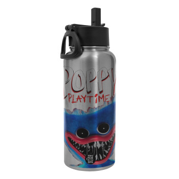 Poppy Playtime Huggy wuggy, Μεταλλικό παγούρι θερμός Silver με καλαμάκι και χερούλι (Stainless steel), διπλού τοιχώματος, 950ml