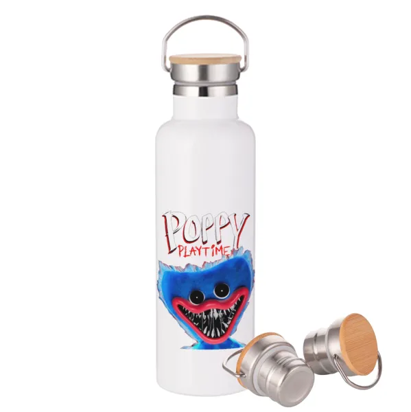 Poppy Playtime Huggy wuggy — Stainless steel White with wooden lid (bamboo), double wall, 750ml