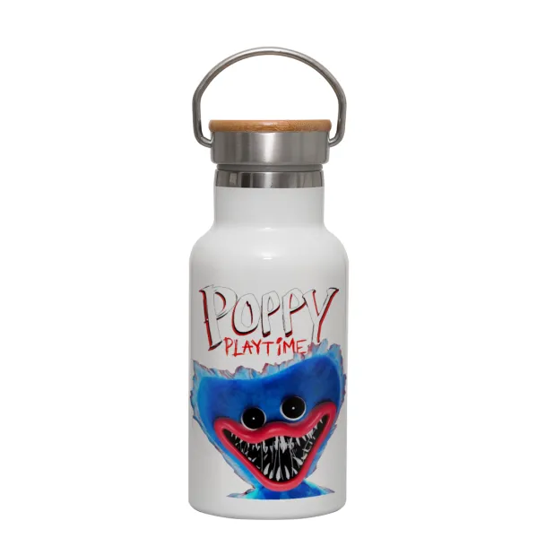 Poppy Playtime Huggy wuggy — Metallic thermos (Stainless steel) White with wooden lid (bamboo), double-walled, 350ml
