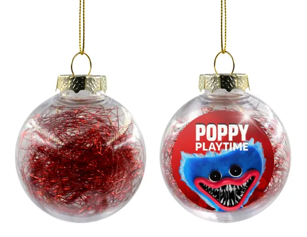 Poppy Playtime Huggy wuggy — Στολίδι Χριστουγεννιάτικη μπάλα δένδρου διάφανη με κόκκινο γέμισμα 8cm