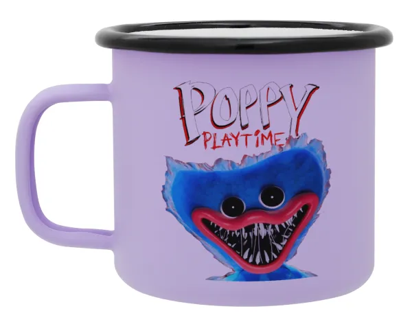 Poppy Playtime Huggy wuggy — Metal enamel mug, matte light pastel purple, 360ml