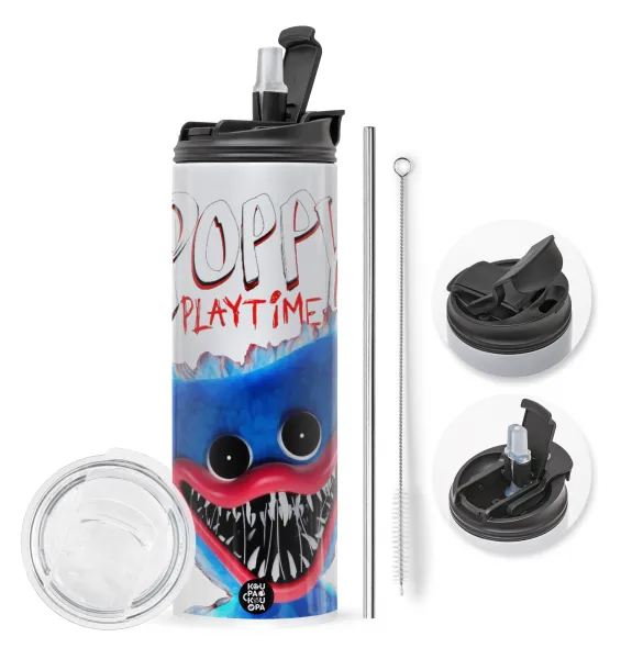 Poppy Playtime Huggy wuggy — Travel Tumbler 2 Lids, with metal straw & cleaning brush (Stainless steel 304 Food grade, BPA free, 600ml)