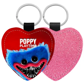 Poppy Playtime Huggy wuggy, Μπρελόκ PU δερμάτινο glitter καρδιά ΡΟΖ