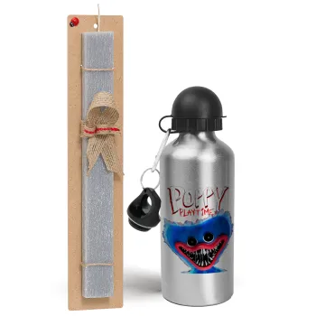 Poppy Playtime Huggy wuggy, Easter Set, metallic silver aluminum water bottle (500ml) & aromatic flat Easter candle (30cm) (GRAY)