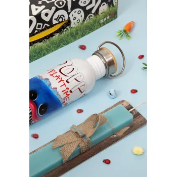 Poppy Playtime Huggy wuggy, Easter Set, metallic silver aluminum water bottle (500ml) & scented flat Easter candle (30cm) (TURQUOISE)