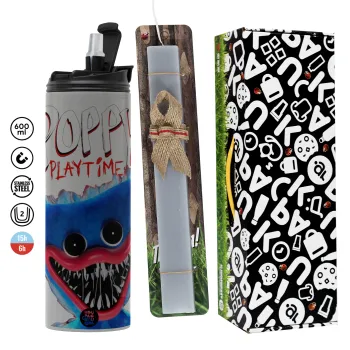 Poppy Playtime Huggy wuggy, Easter candle with Grey Tumbler Thermo 600ml & aromatic flat candle (30cm) (GREY)