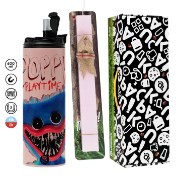 Poppy Playtime Huggy wuggy, Easter candle,Travel Tumbler 2 Lids, with metal straw & cleaning brush & aromatic flat candle (30cm) (PINK)