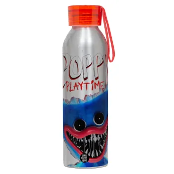 Poppy Playtime Huggy wuggy, Αλουμινένιο Αθλητικό Μπουκάλι 650ml – Ασημί με Κόκκινο Καπάκι και Λουράκι Σιλικόνης