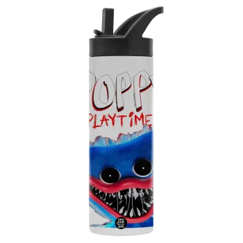 Poppy Playtime Huggy wuggy, Μεταλλικό παγούρι θερμός με καλαμάκι & χειρολαβή, ανοξείδωτο ατσάλι (Stainless steel 304), διπλού τοιχώματος, 600ml