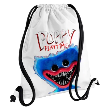 Poppy Playtime Huggy wuggy, Τσάντα πλάτης πουγκί GYMBAG λευκή, με τσέπη (40x48cm) & χονδρά κορδόνια